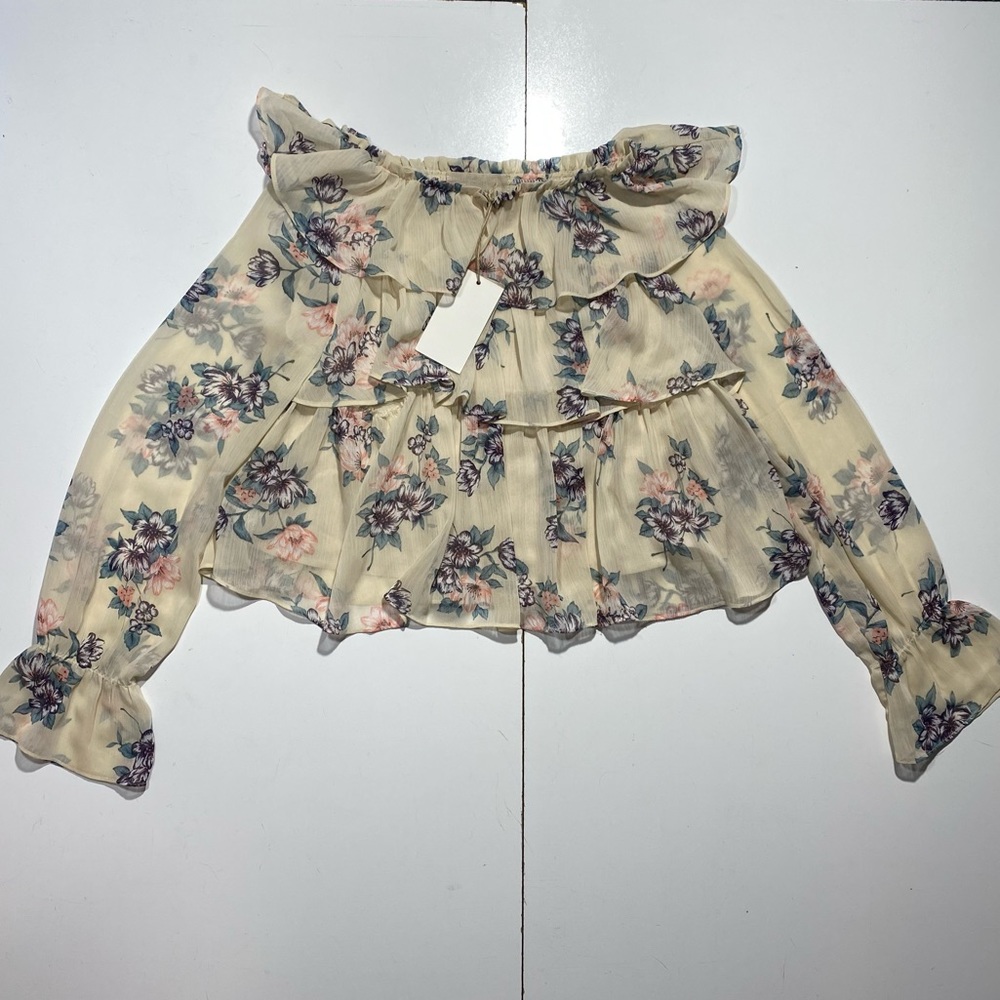 Moon River Cream Floral Ruffle Tier Balloon Long Sleeves Woman’s Blouse NWT XS